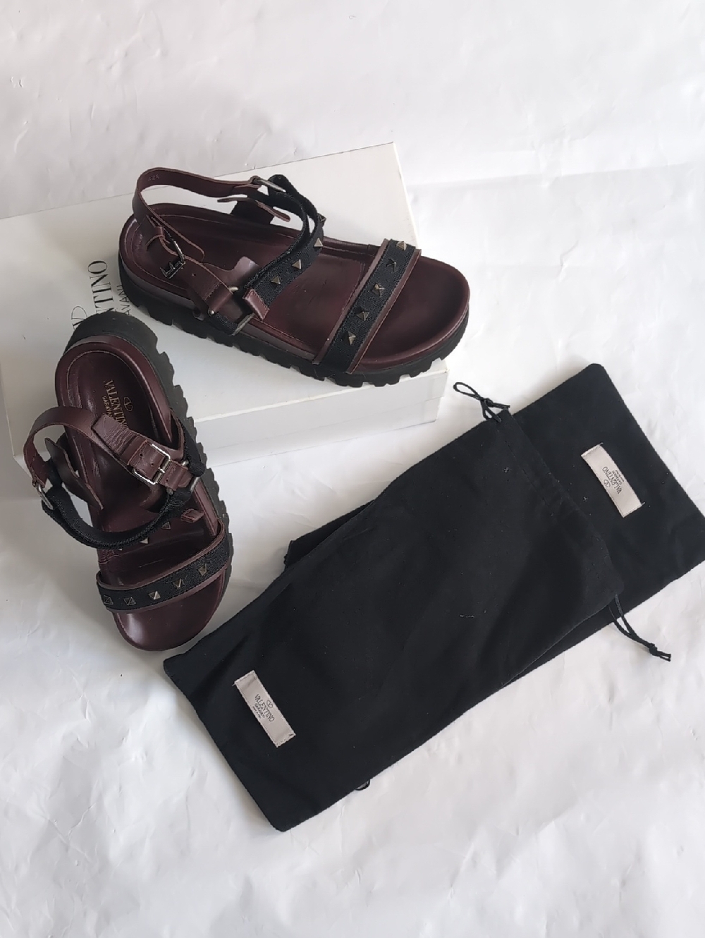 Valentino Garavani Men's Burgundy Black Studded Platform Strap Sandals - 42/42.5